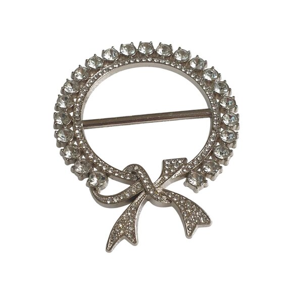 Vintage Rhinestone Circle Bow Scarf Wreath Clear Silver Tone Holiday Fashion - Picture 4 of 6